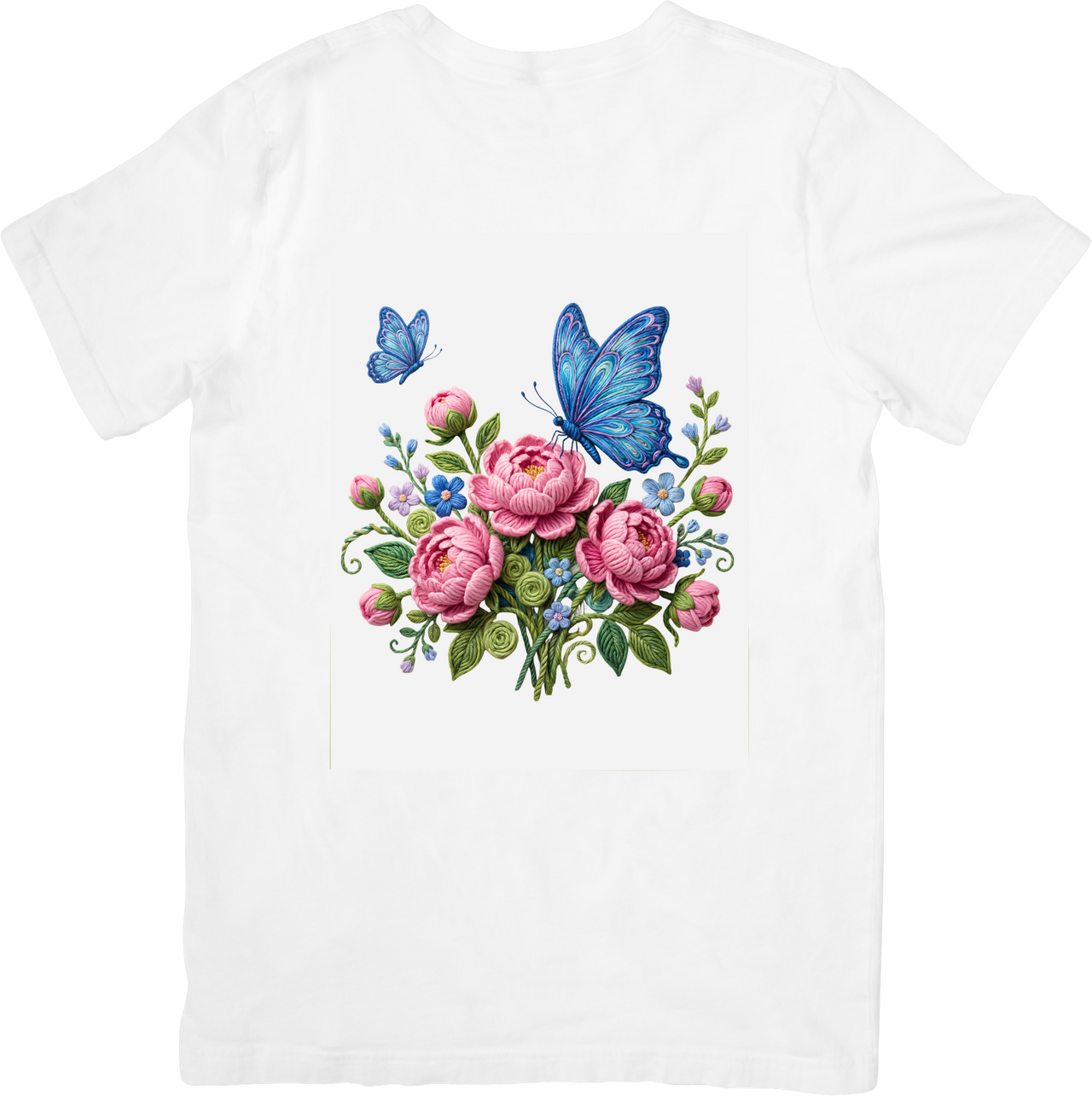 Pink Peonies & Blue Butterfly Floral T-Shirt | Beautiful Embroidered-Look Graphic Tee