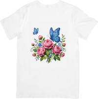 Thumbnail for Pink Peonies & Blue Butterfly Floral T-Shirt | Beautiful Embroidered-Look Graphic Tee